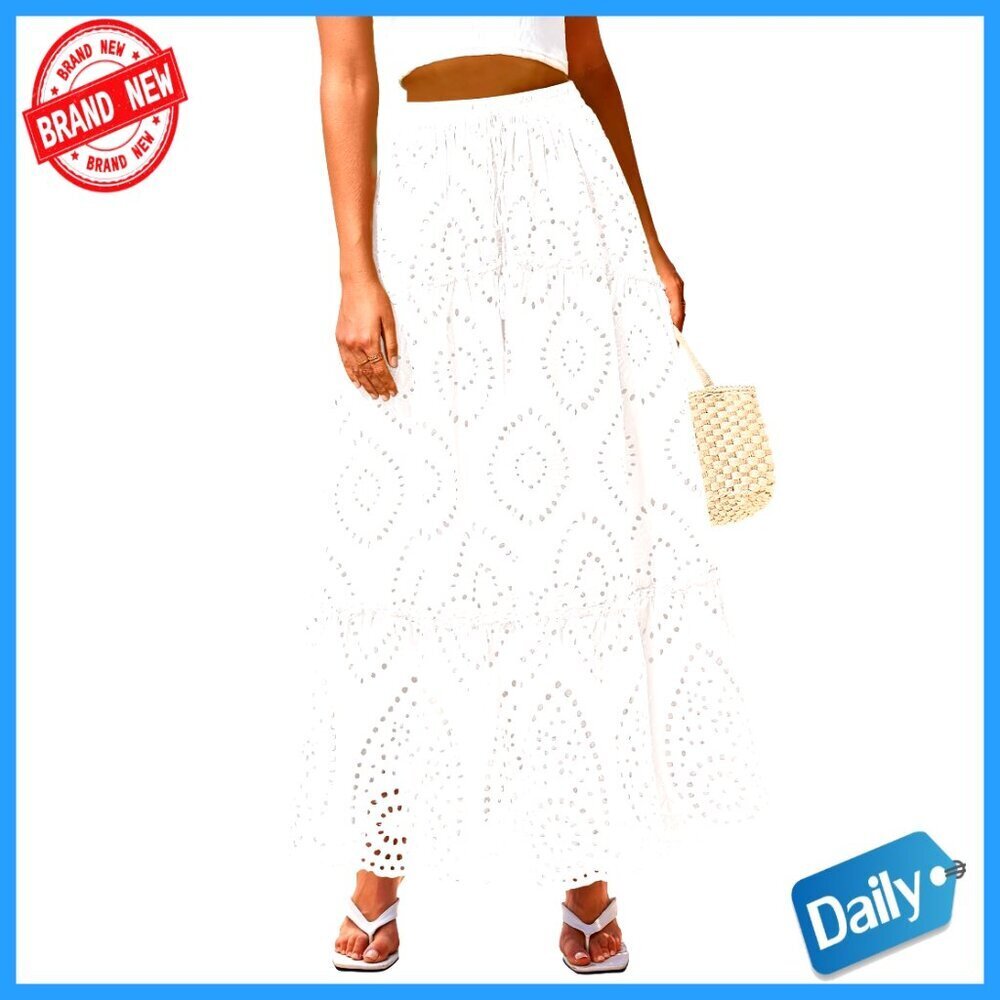 Lace Embroidery Maxi Skirt High Waist Tiered Flowy Boho Summer